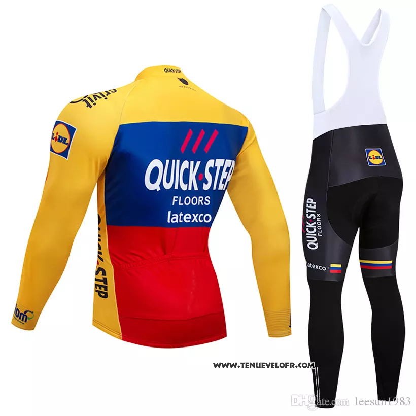 2018 Maillot Ciclismo Quick Step Floors Jaune Bleu Rouge Manches Longues et Cuissard